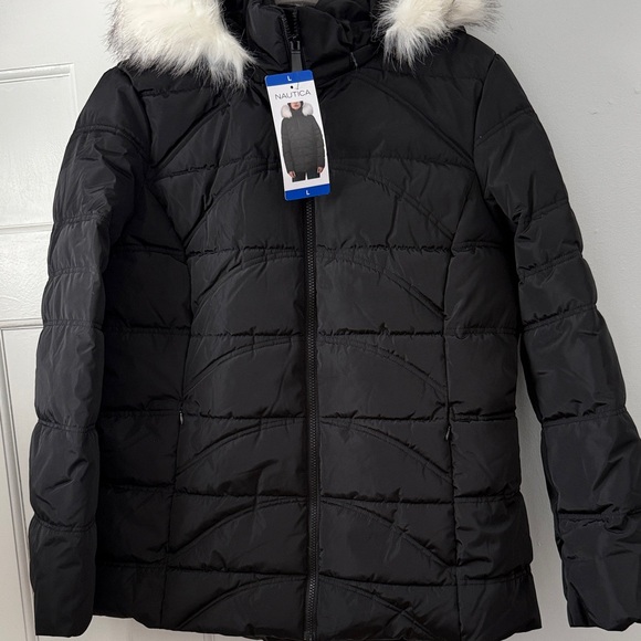 Nautica Black Quilted Jacket with Faux Fur Trim - Picture 1 of 1